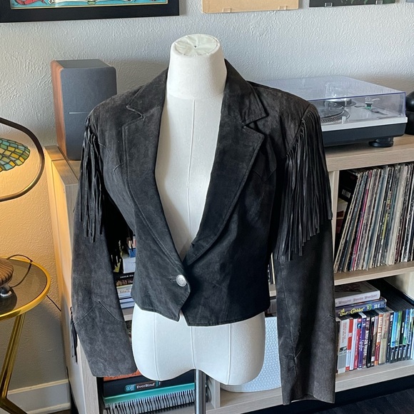 Vintage Leather Suede Fringe Charcoal Black Jacket - Picture 1 of 8